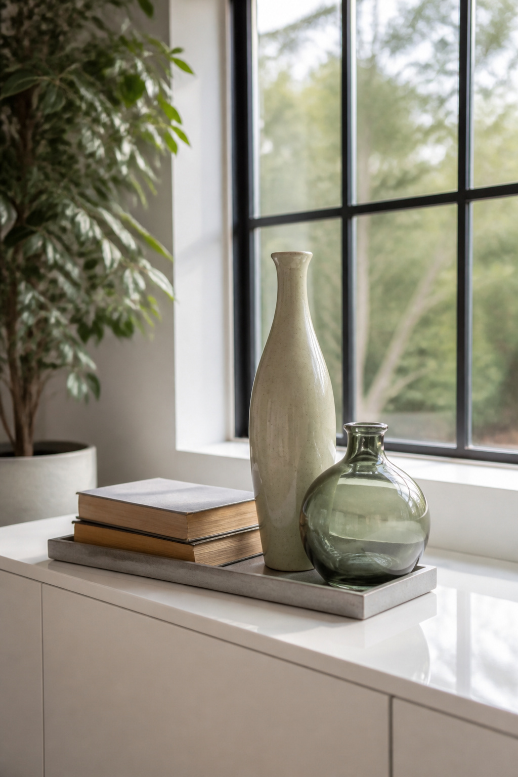 A vignette with a stack of books and two vases on a white console table.