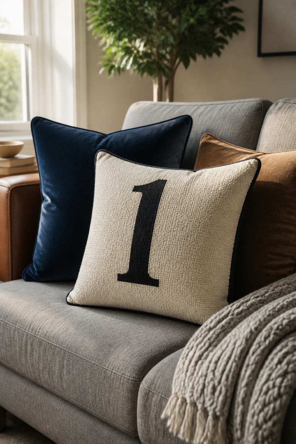 A decorative pillow featuring a printed numeral on a sofa.