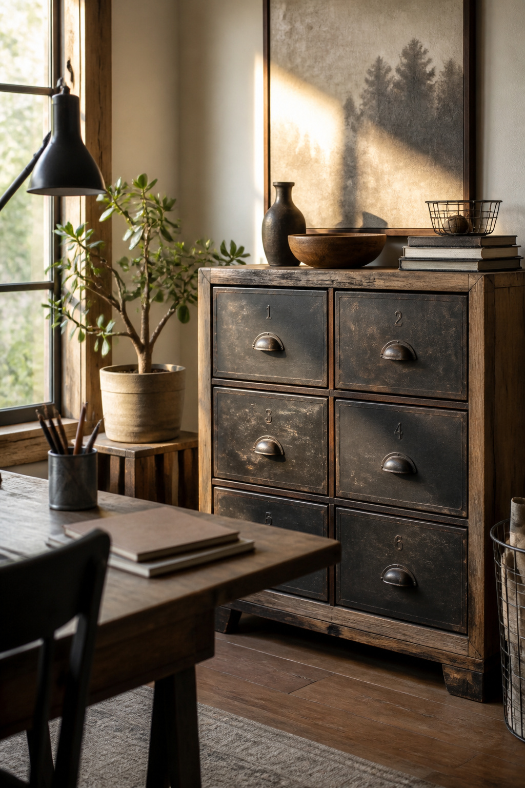 An industrial-style apothecary cabinet with numbered metal pulls.