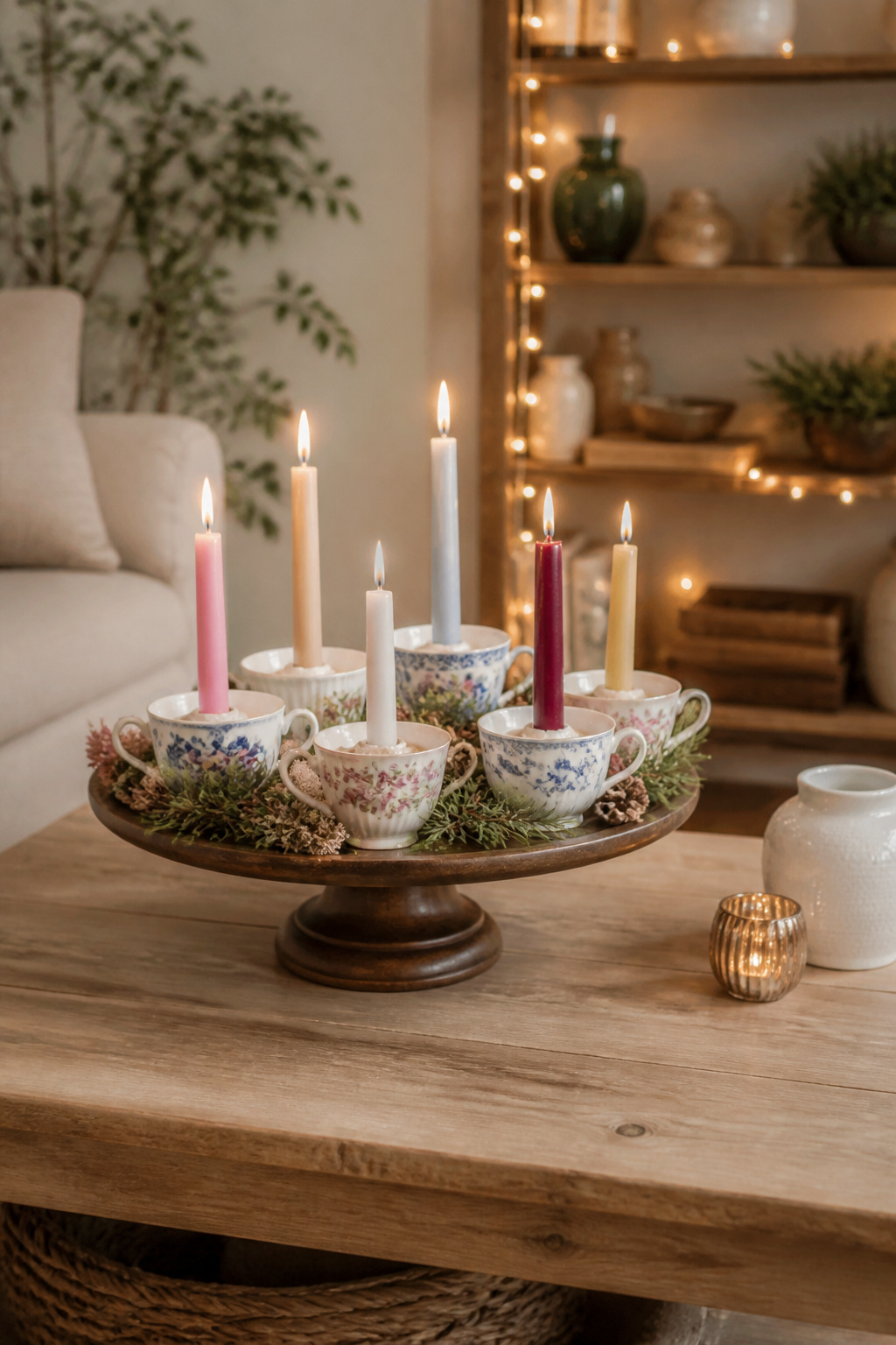 DIY Advent Candle Holder Ideas for 2026: Wreaths, Spirals and Displays 11 Teacups and a cake stand used for Advent candles.