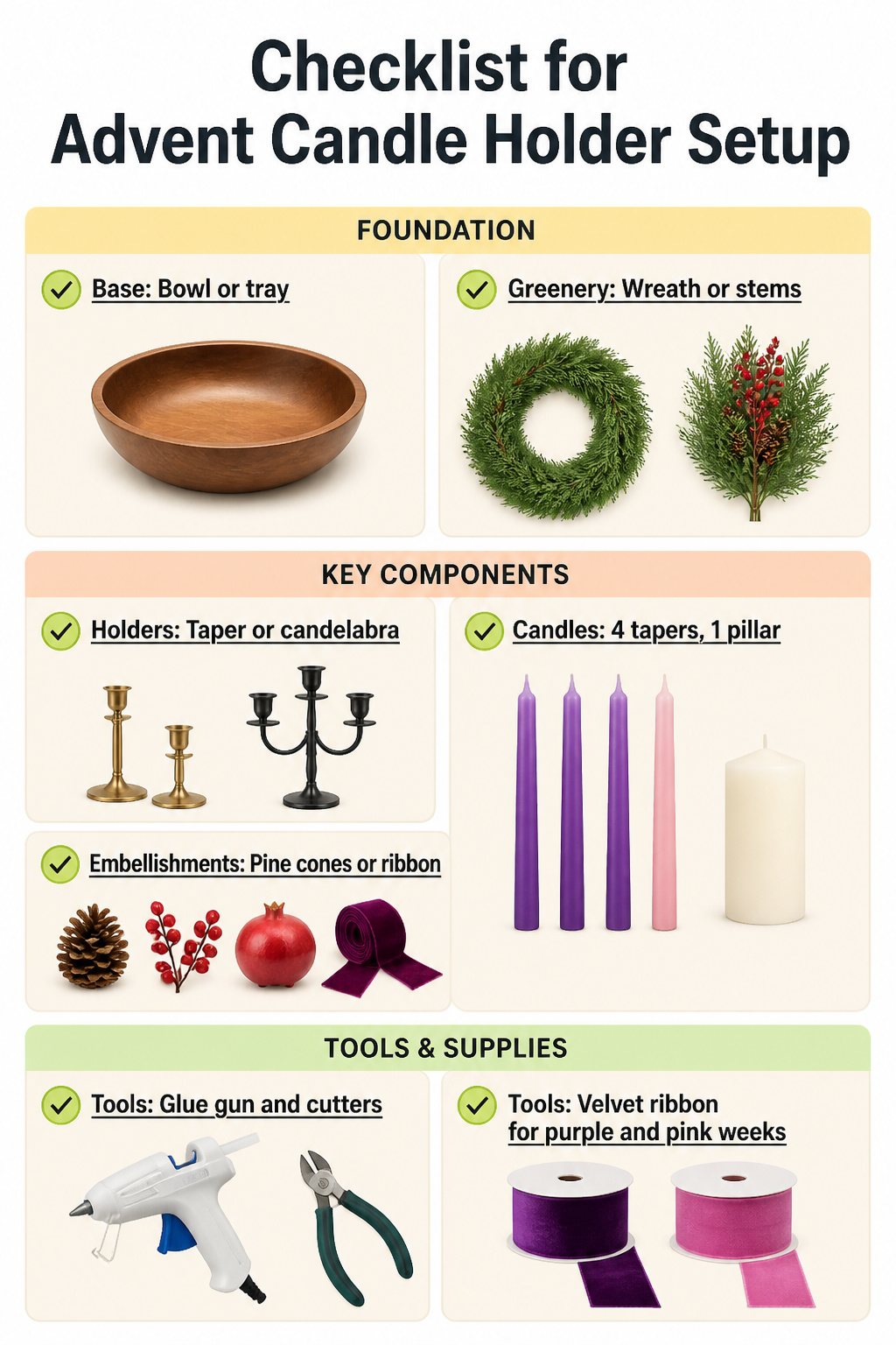 DIY Advent Candle Holder Ideas for 2026: Wreaths, Spirals and Displays 15 Materials and tools checklist for Advent candle holders.