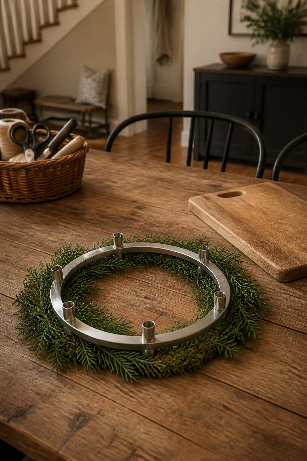 DIY Advent Candle Holder Ideas for 2026: Wreaths, Spirals and Displays 2 Metal ring surrounded by greenery on a wooden table.
