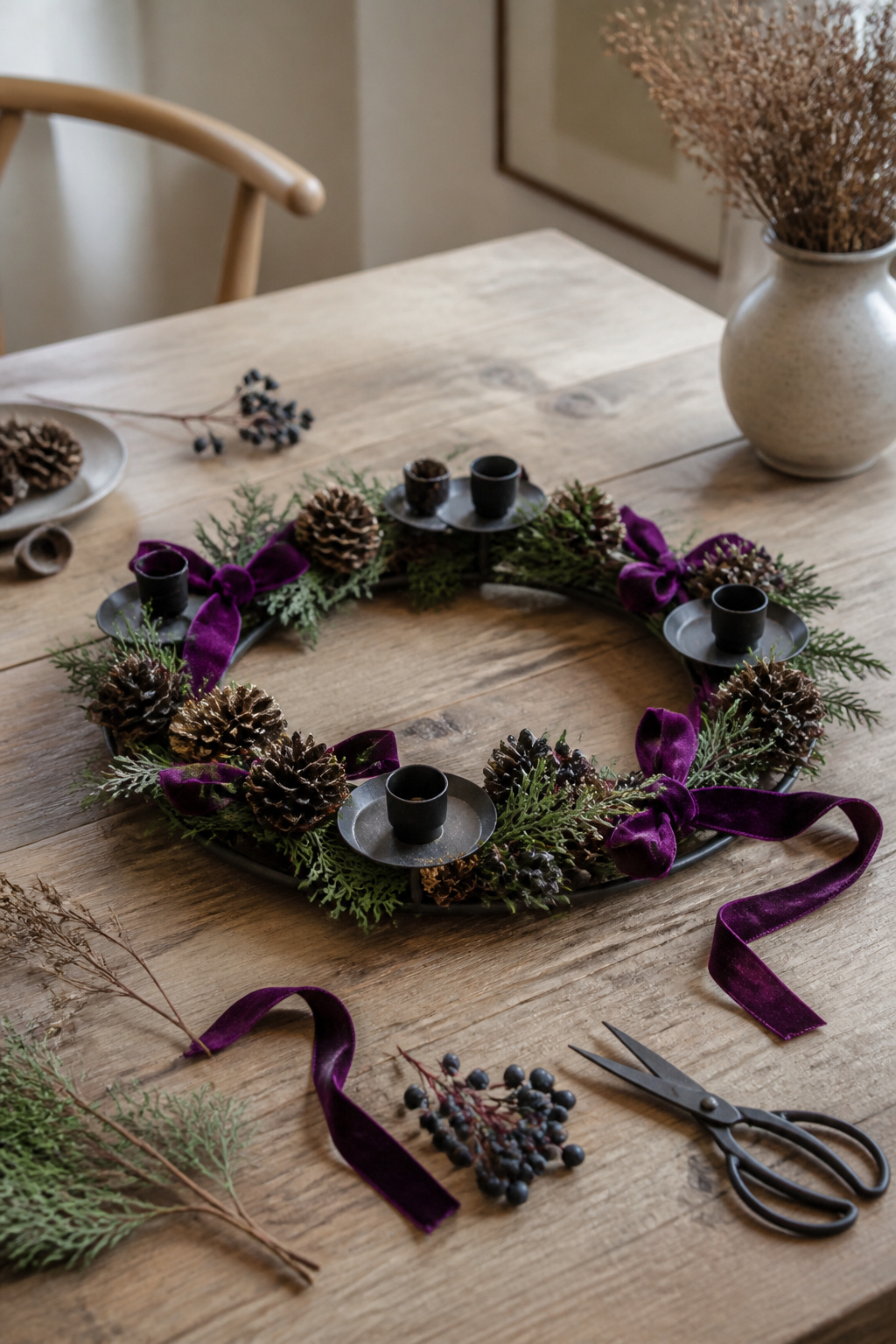 DIY Advent Candle Holder Ideas for 2026: Wreaths, Spirals and Displays 5 Decorated metal ring with ribbons and pine cones.