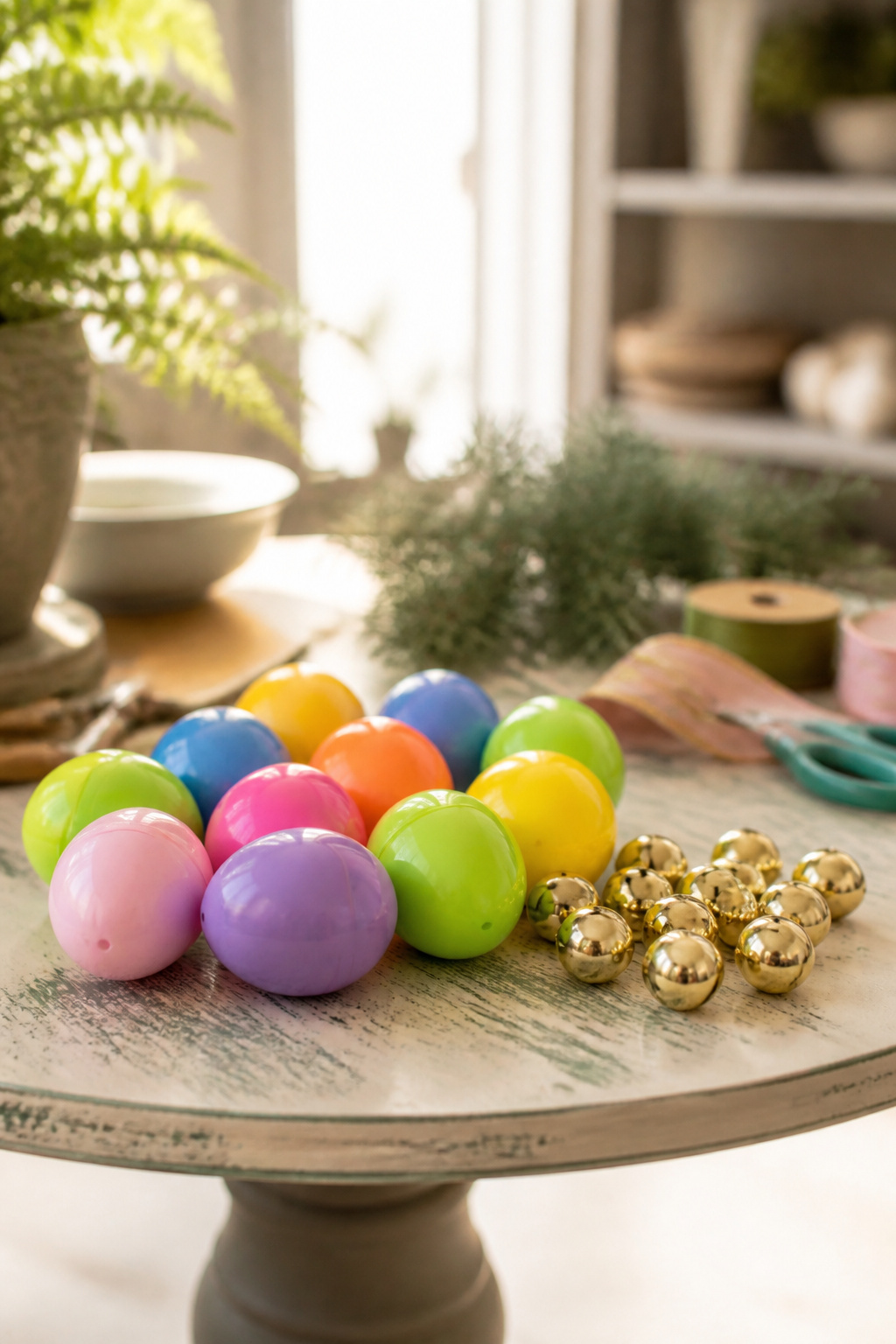 How to Make DIY Christmas Bells: Shapes, Bodies, and Clappers (2026) 6 Plastic Easter eggs and Dollar Tree bells ready for decoration.
