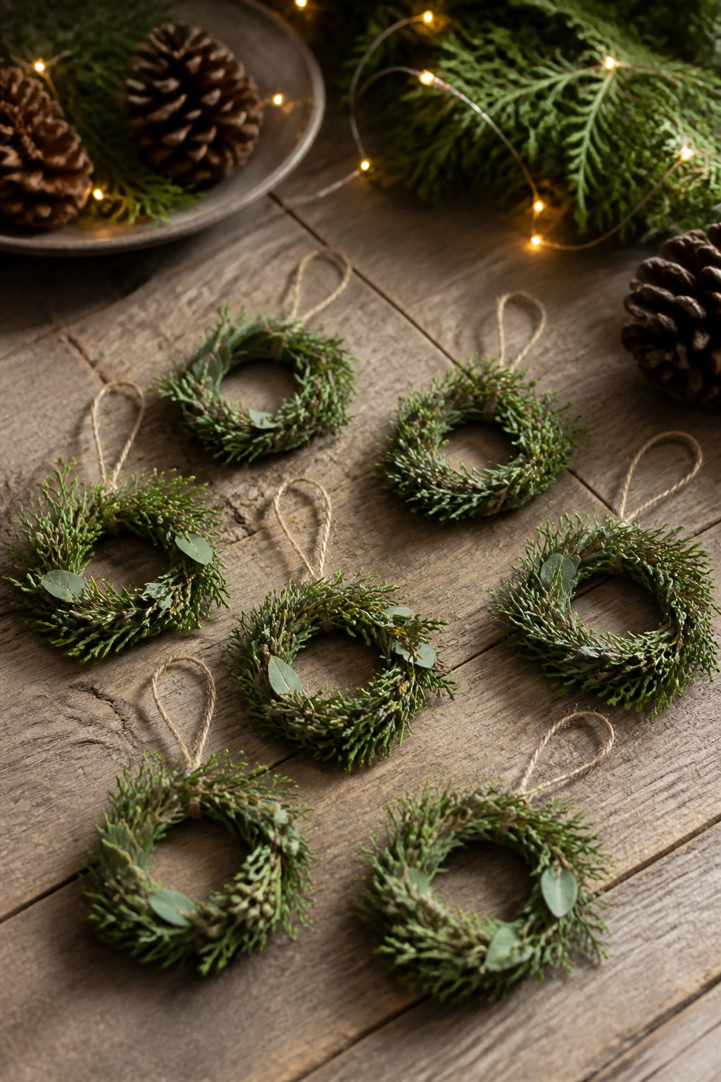 40 DIY Christmas Ornaments to Make in 2026 1 Mini wreath ornaments made of twine and greenery on a wooden surface.