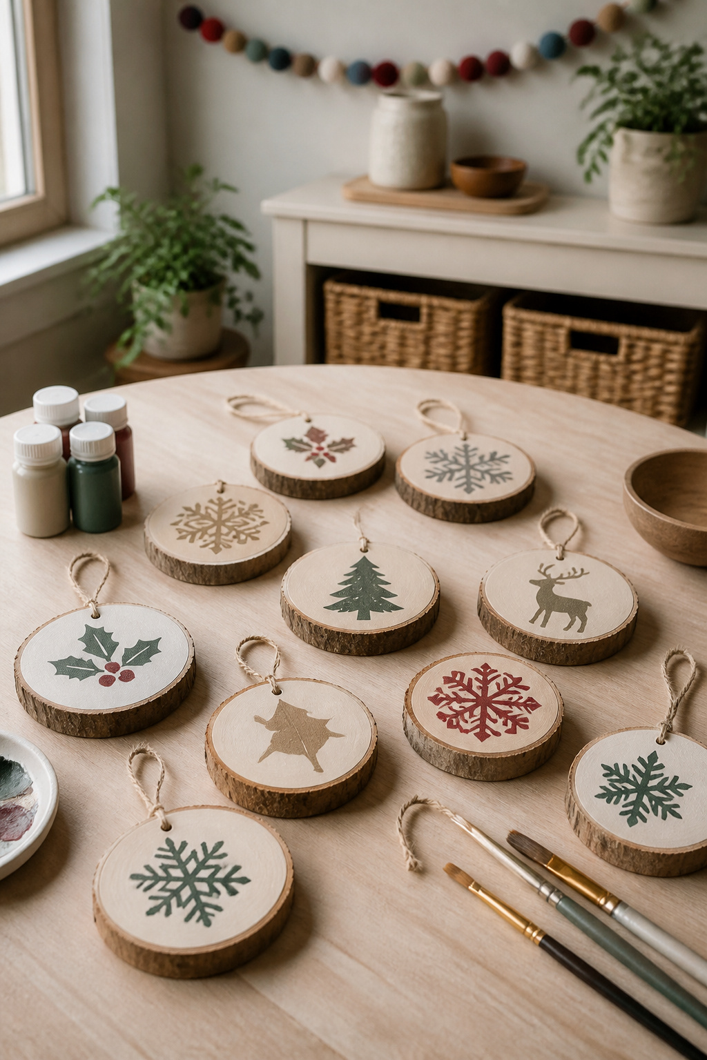 40 DIY Christmas Ornaments to Make in 2026 21 Wood slices with intricate stenciling on a wooden table.