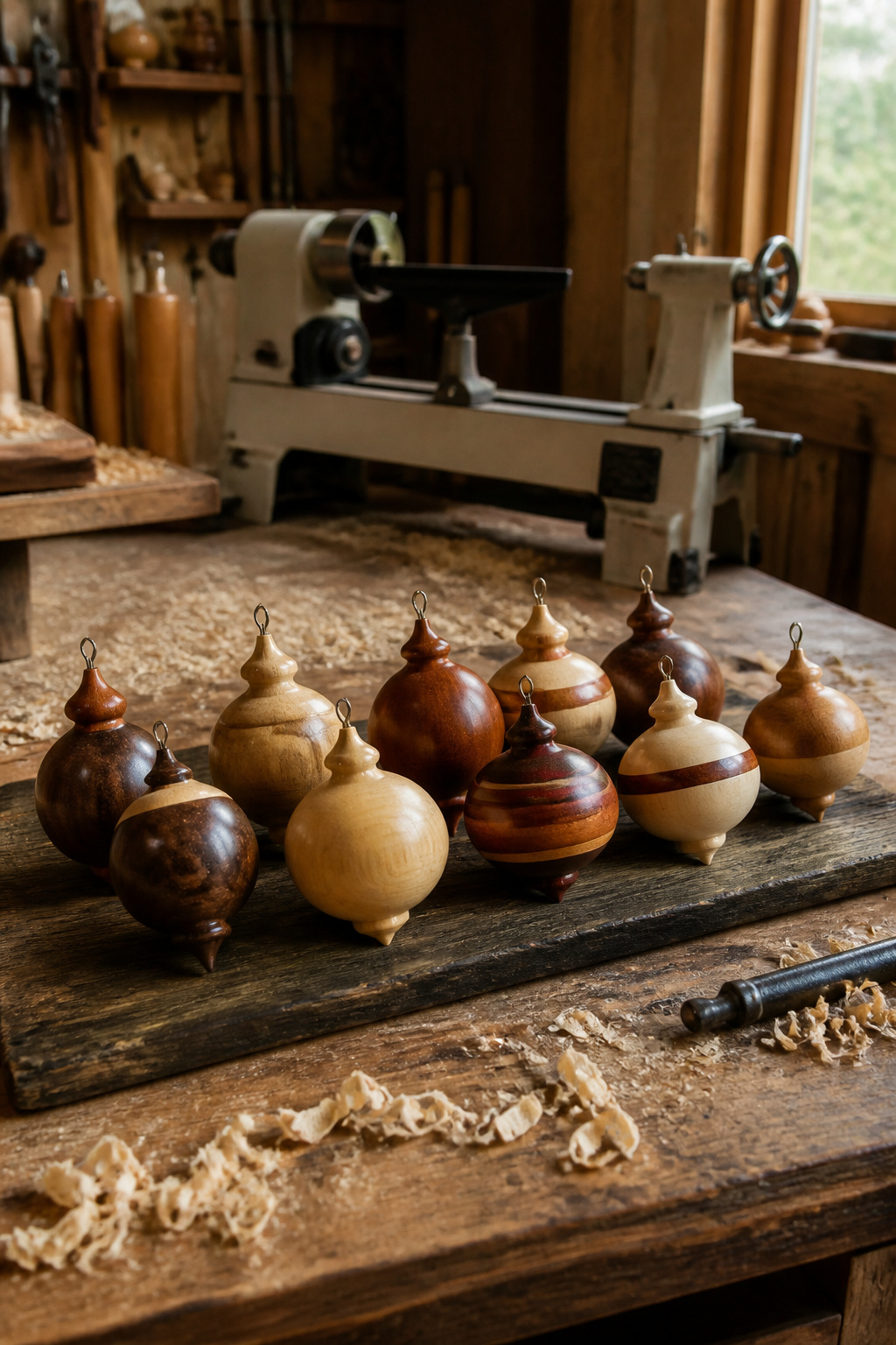 40 DIY Christmas Ornaments to Make in 2026 24 A collection of DIY wood-turned ornaments on display.