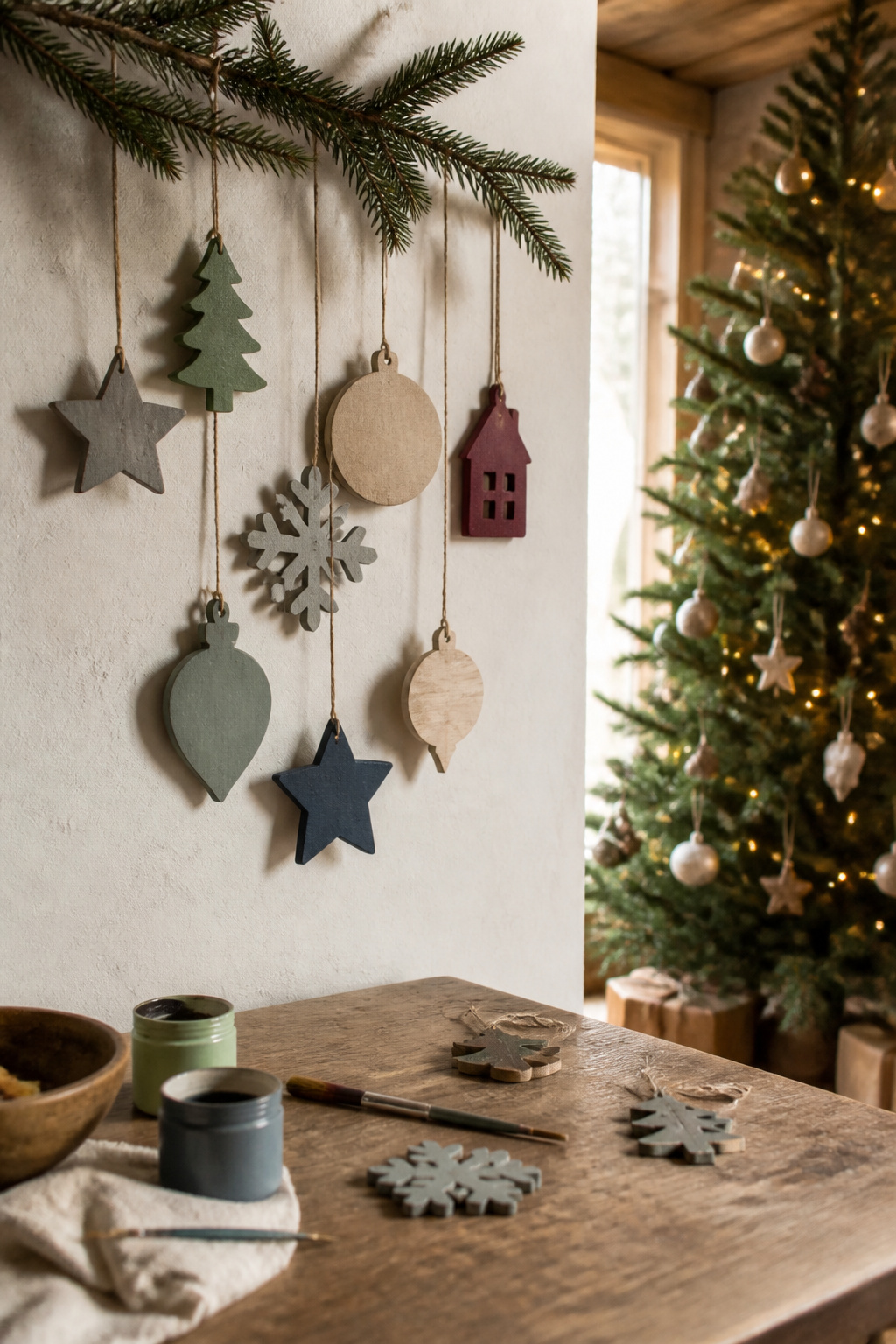 40 DIY Christmas Ornaments to Make in 2026 28 Milk paint ornaments hanging against a textured wall.