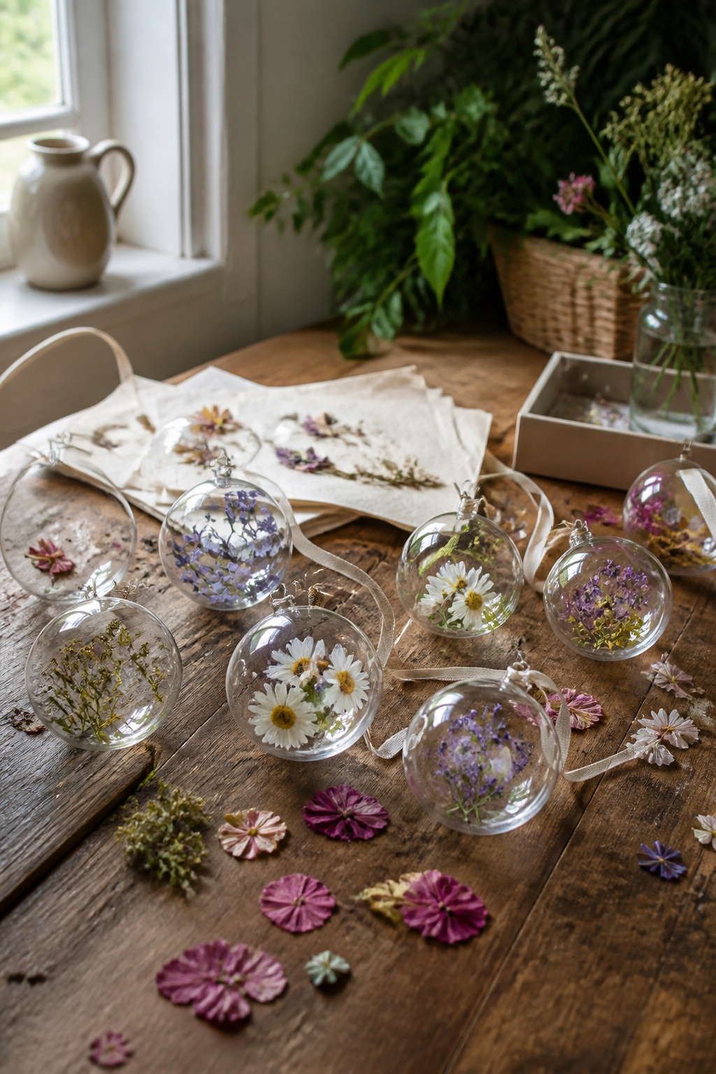 40 DIY Christmas Ornaments to Make in 2026 37 Glass ornaments featuring pressed flowers inside.