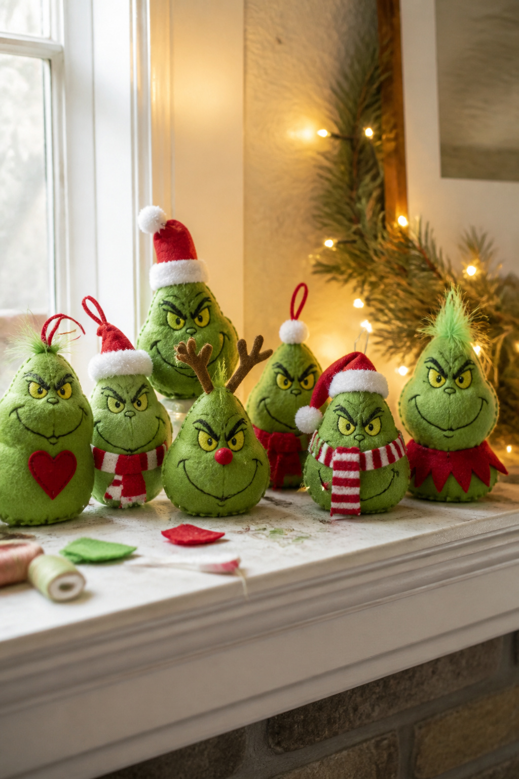 40 DIY Christmas Ornaments to Make in 2026 38 Grinch face ornaments made from painted wood slices.