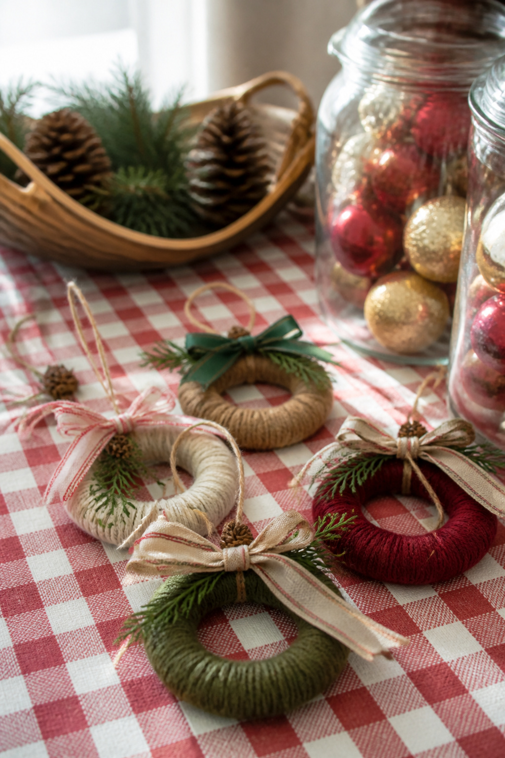 40 DIY Christmas Ornaments to Make in 2026 9 Mason jar screw bands wrapped in yarn and decorated.