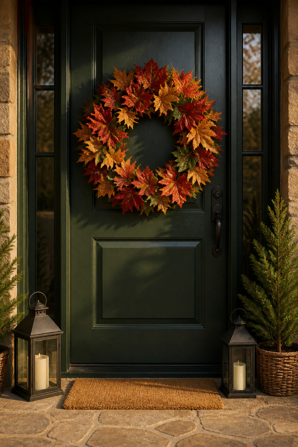 30 DIY Christmas Wreath Ideas for 2026 Front Doors 1 A wreath made of faux maple leaves in red, green, and gold.