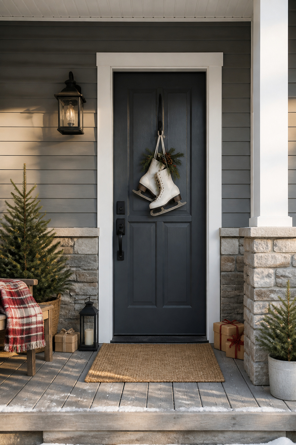 30 DIY Christmas Wreath Ideas for 2026 Front Doors 12 A wreath featuring vintage ice skates with decorative elements.