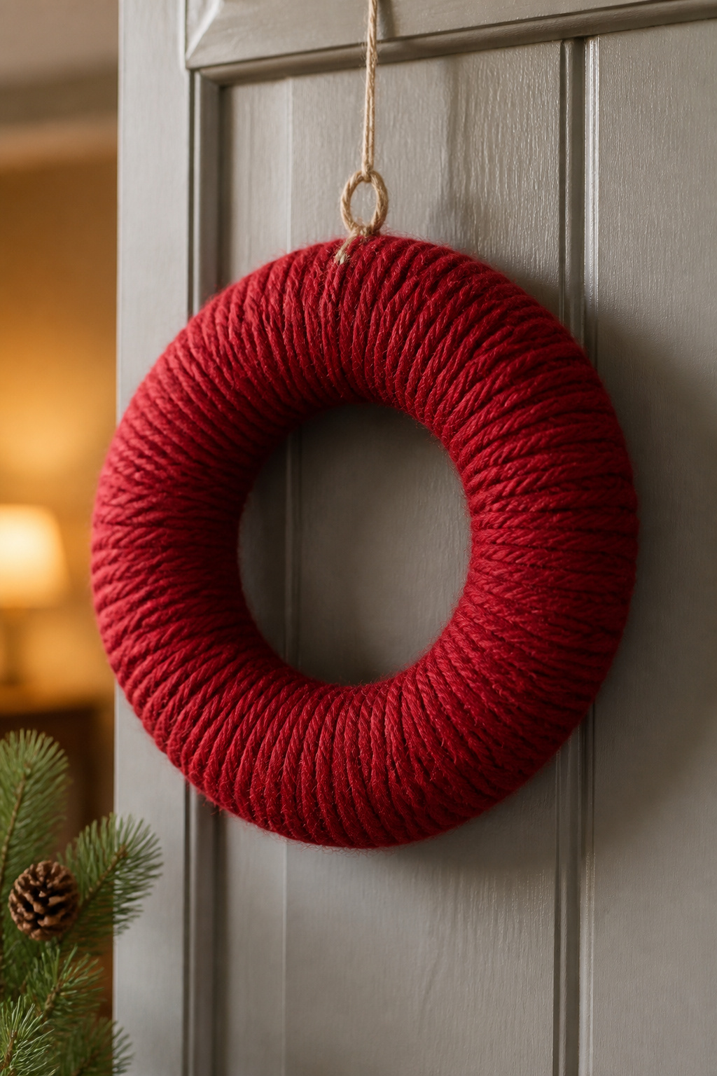30 DIY Christmas Wreath Ideas for 2026 Front Doors 15 A wreath wrapped in bulky yarn on a foam base.