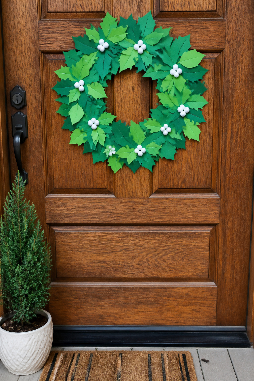 30 DIY Christmas Wreath Ideas for 2026 Front Doors 2 A wreath made of green construction paper with pom-poms.