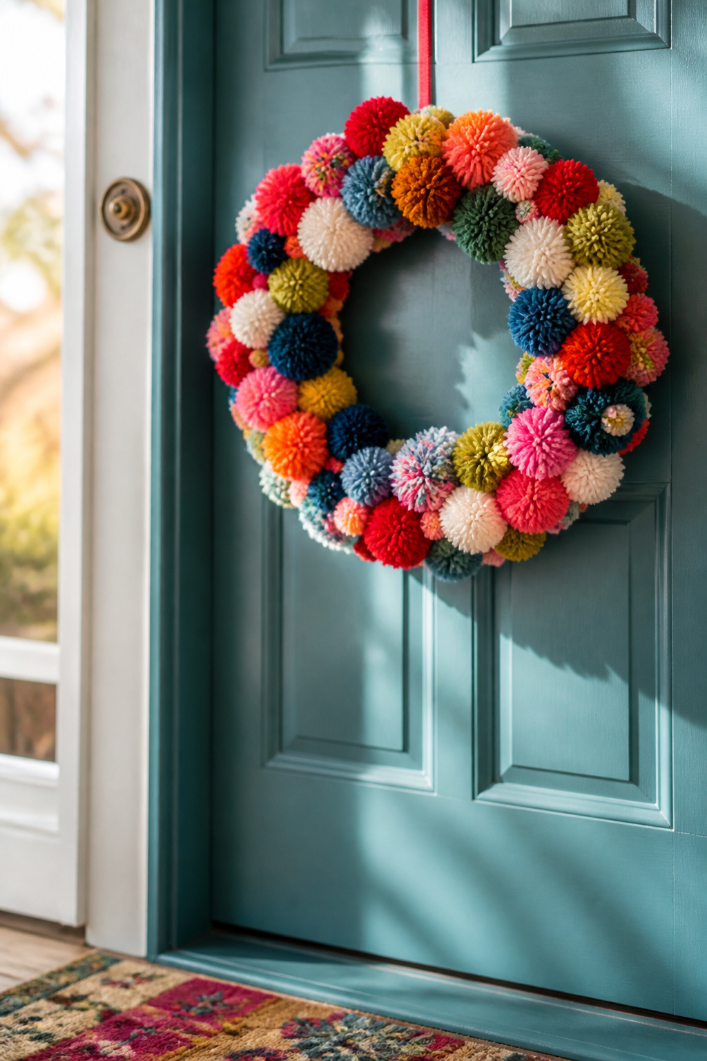 30 DIY Christmas Wreath Ideas for 2026 Front Doors 20 A wreath made from colorful yarn pom-poms of different sizes.