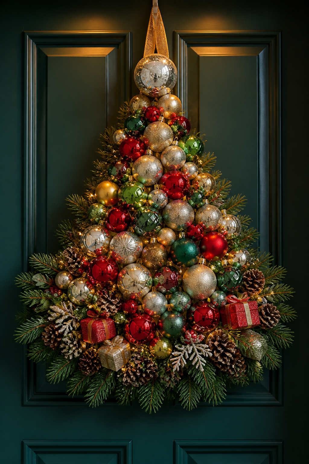 30 DIY Christmas Wreath Ideas for 2026 Front Doors 29 A wreath designed to resemble a Christmas tree with ornaments.