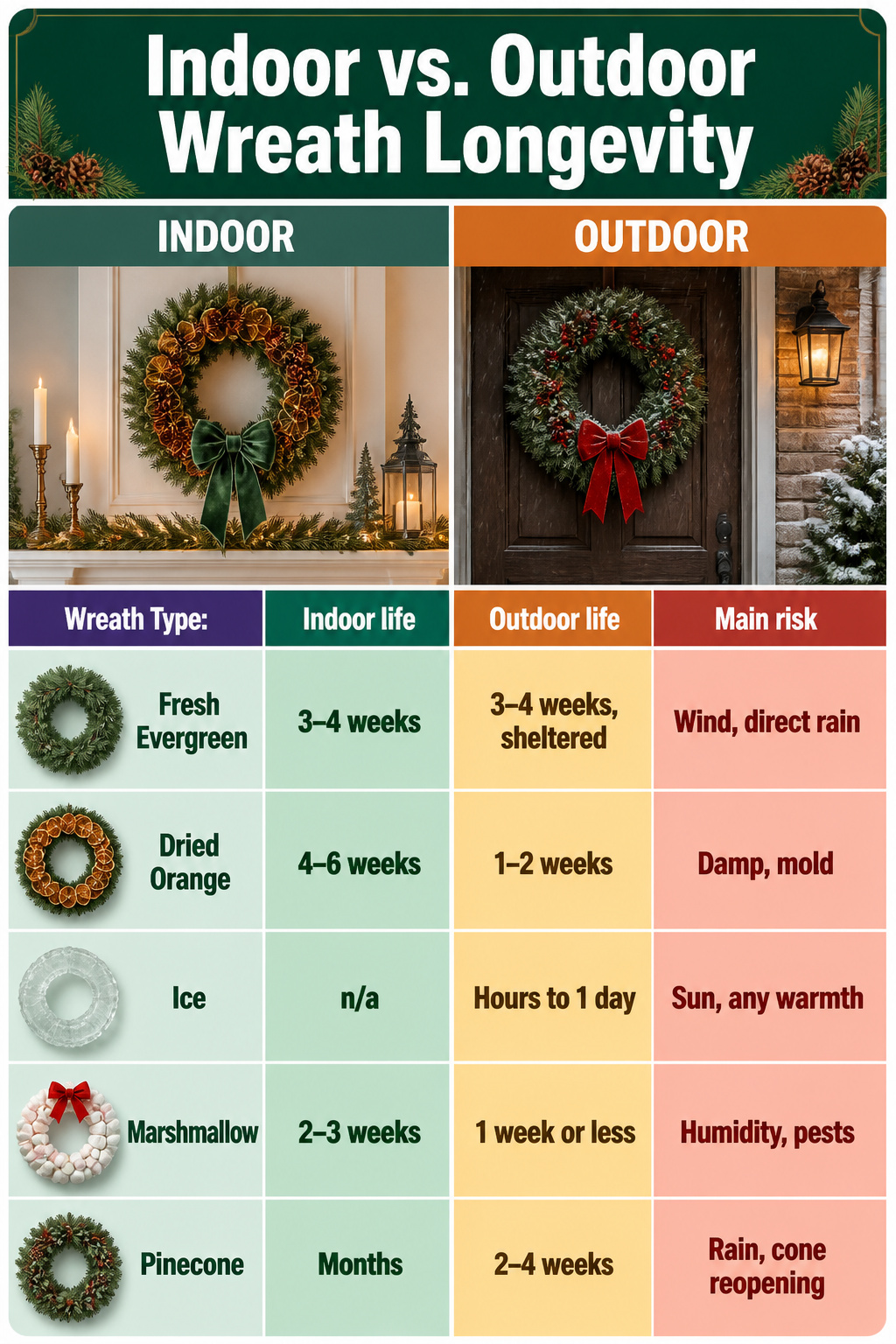 30 DIY Christmas Wreath Ideas for 2026 Front Doors 32 A comparison of indoor and outdoor wreath longevity.