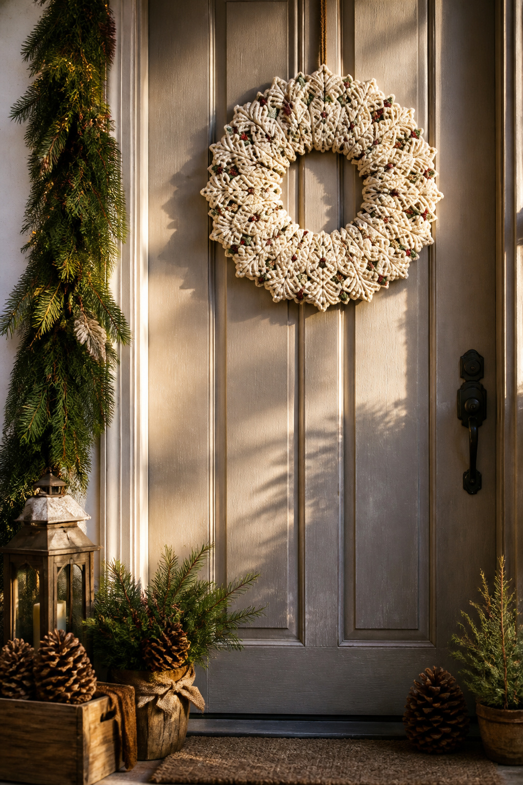 30 DIY Christmas Wreath Ideas for 2026 Front Doors 6 A wreath made from quarter-inch cotton sash cord with decorative knots.