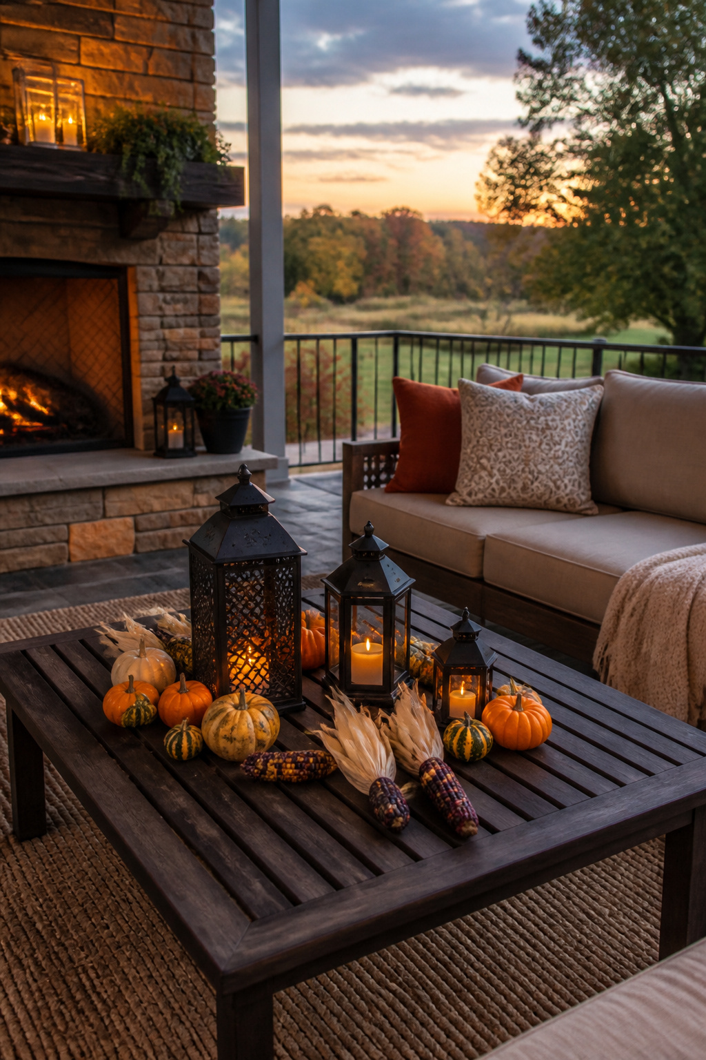 DIY Fall Lantern Decor Ideas for Indoors and Outdoors 1 Lanterns of different heights with pumpkins and gourds on a table.
