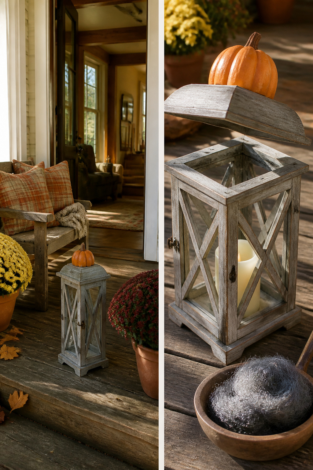 DIY Fall Lantern Decor Ideas for Indoors and Outdoors 10 A weathered wood lantern decorated with faux pumpkins.