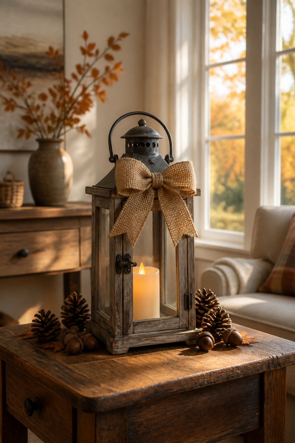 DIY Fall Lantern Decor Ideas for Indoors and Outdoors 12 A rustic lantern with an LED candle and burlap bow on a table.