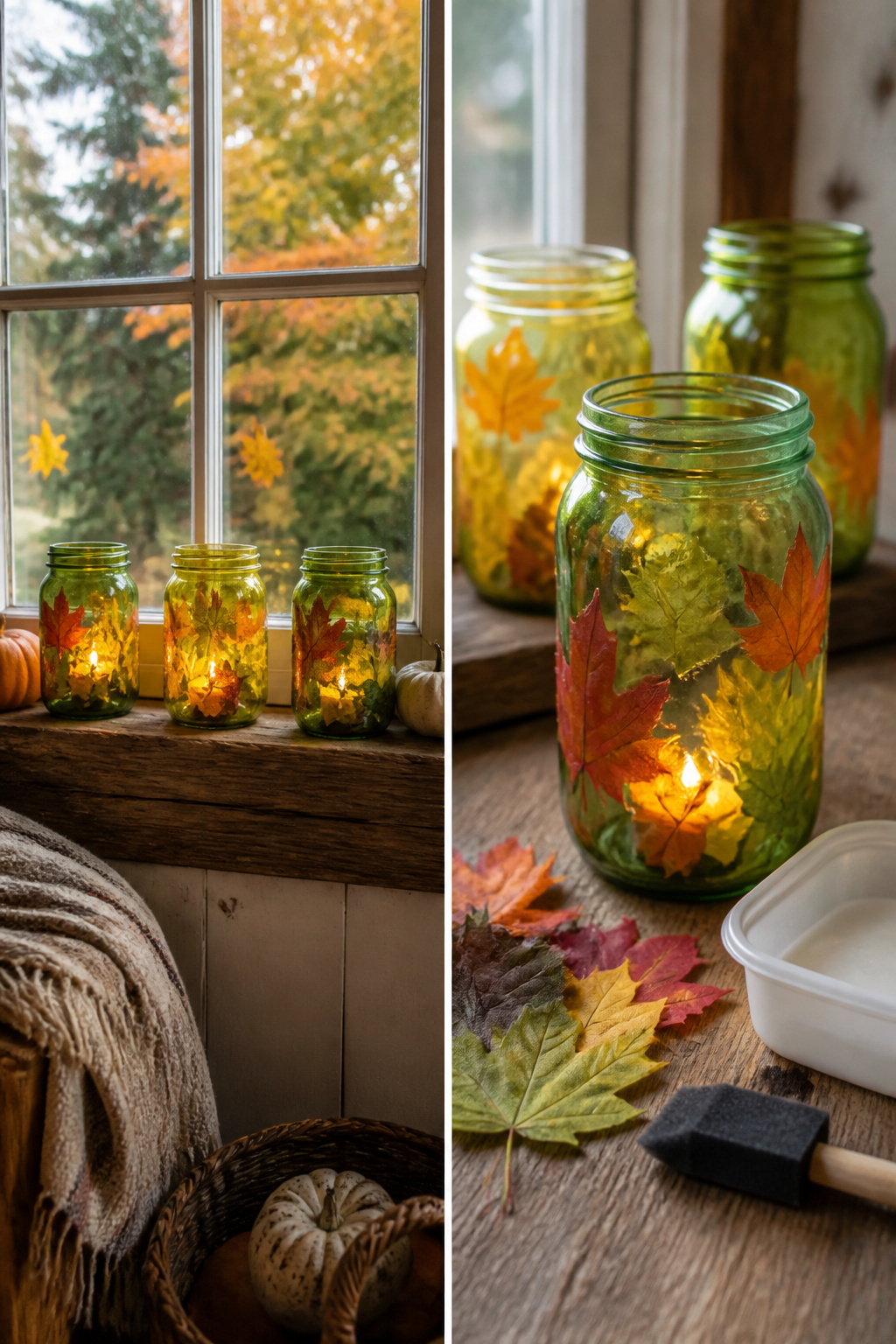 DIY Fall Lantern Decor Ideas for Indoors and Outdoors 14 Jars with artificial leaves used as lanterns.