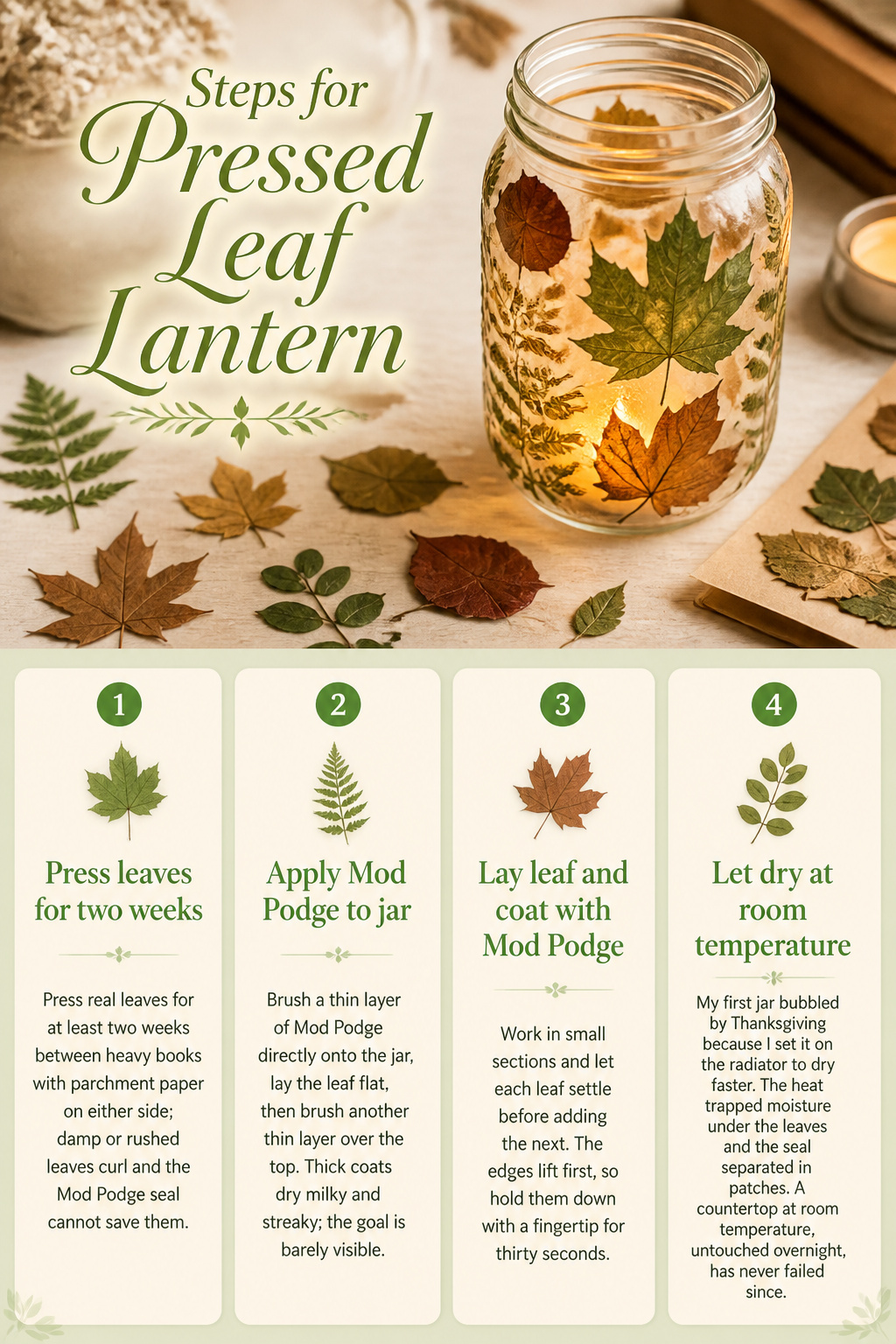 DIY Fall Lantern Decor Ideas for Indoors and Outdoors 16 A jar decorated with pressed leaves using Mod Podge.
