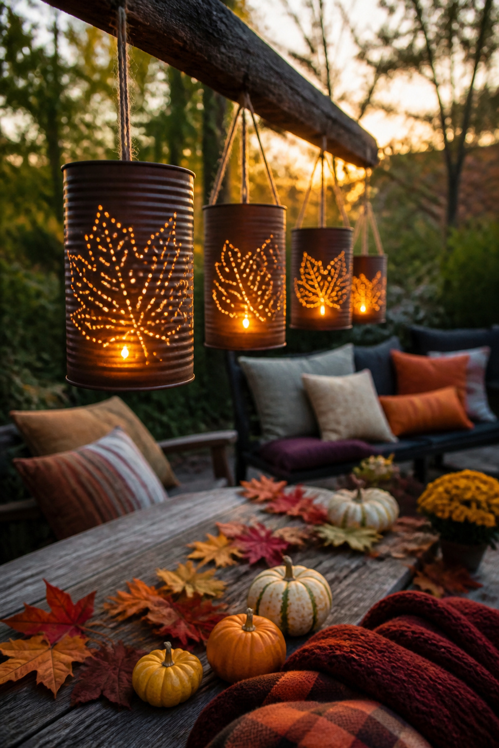 DIY Fall Lantern Decor Ideas for Indoors and Outdoors 17 A tin can lantern with leaf patterns punched out.