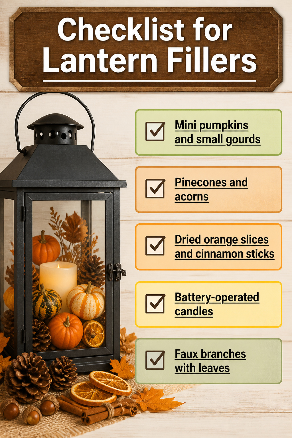 DIY Fall Lantern Decor Ideas for Indoors and Outdoors 18 A checklist of seasonal fillers for lanterns.