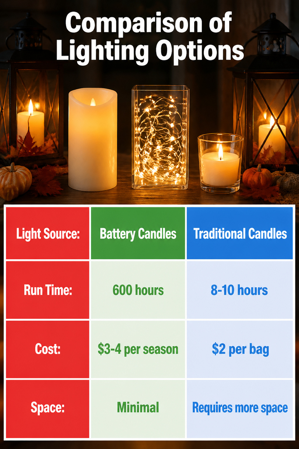 DIY Fall Lantern Decor Ideas for Indoors and Outdoors 19 A comparison of battery candles, fairy lights, and traditional candles.