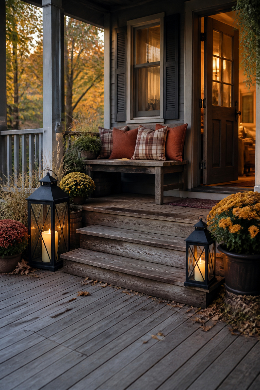DIY Fall Lantern Decor Ideas for Indoors and Outdoors 2 Two matching lanterns with weather-resistant pillows on a porch.