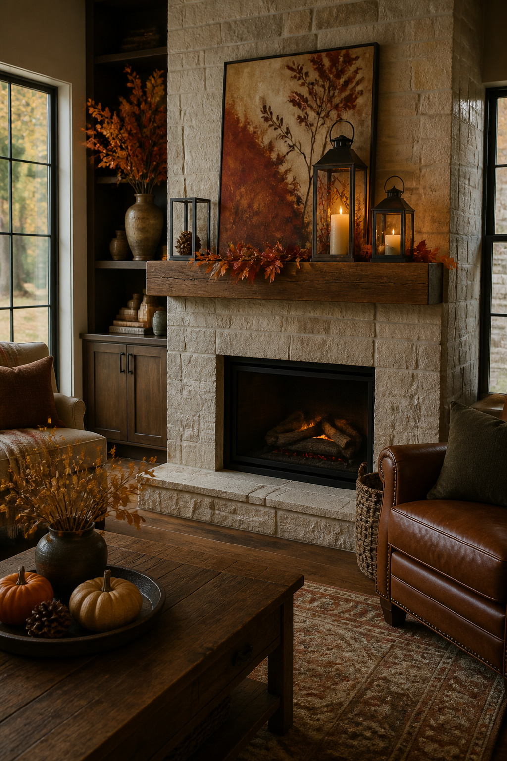 DIY Fall Lantern Decor Ideas for Indoors and Outdoors 20 Three lanterns of varying heights arranged on a mantel.