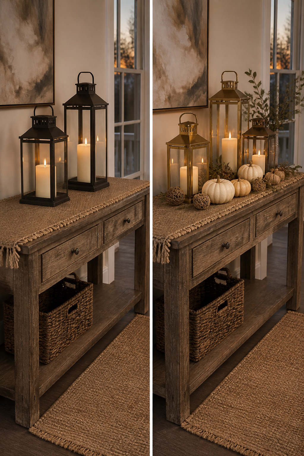 DIY Fall Lantern Decor Ideas for Indoors and Outdoors 21 A mix of rustic and metallic lanterns for autumn decoration.