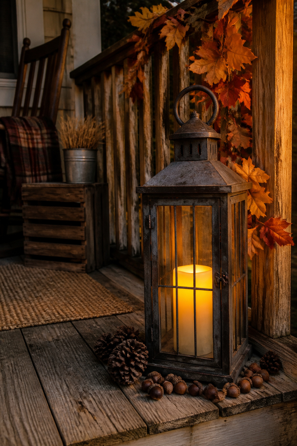 DIY Fall Lantern Decor Ideas for Indoors and Outdoors 3 An iron lantern with an LED candle on a rustic porch step.
