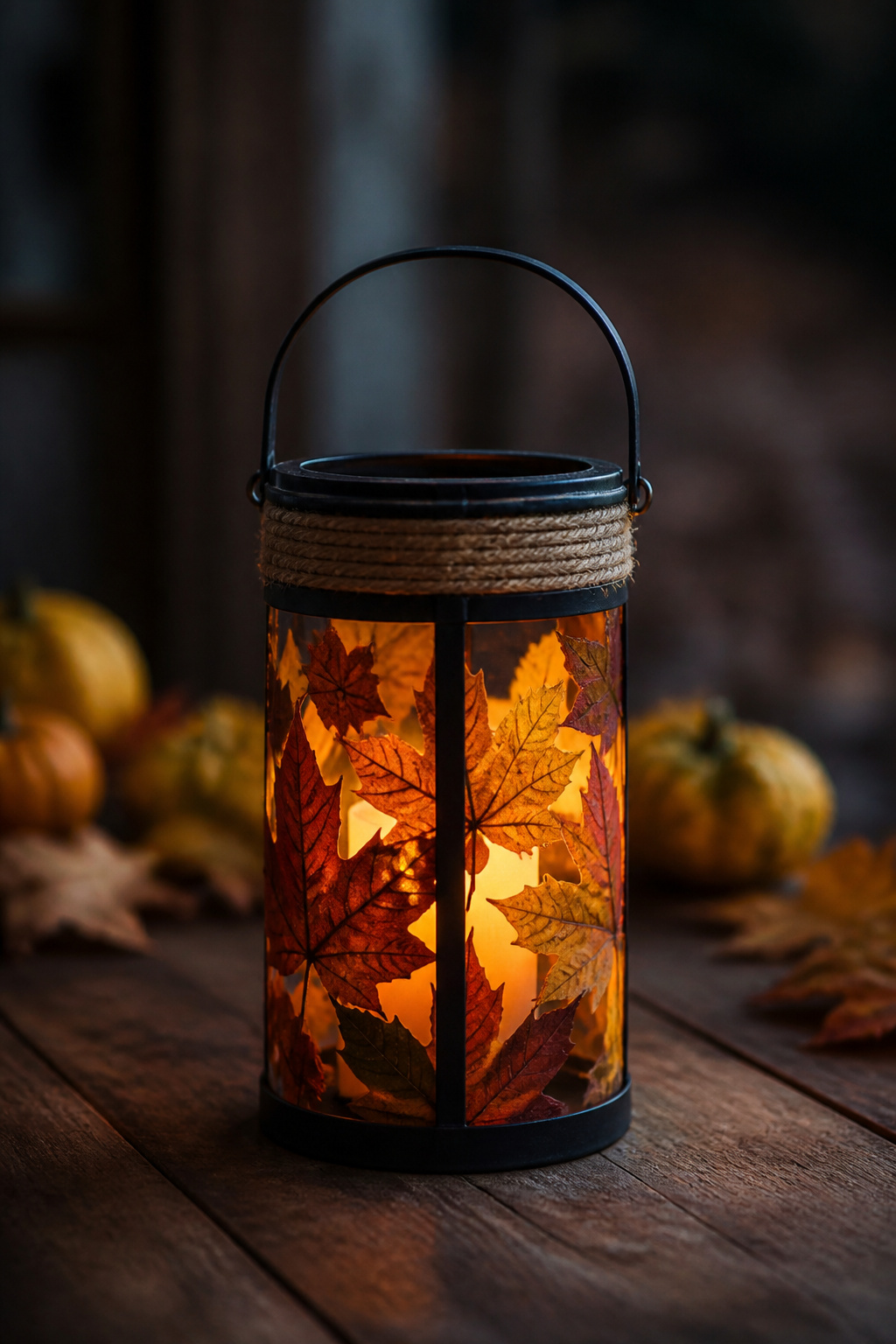 DIY Fall Lantern Decor Ideas for Indoors and Outdoors 4 A lantern adorned with plastic maple leaves and burlap ribbon.