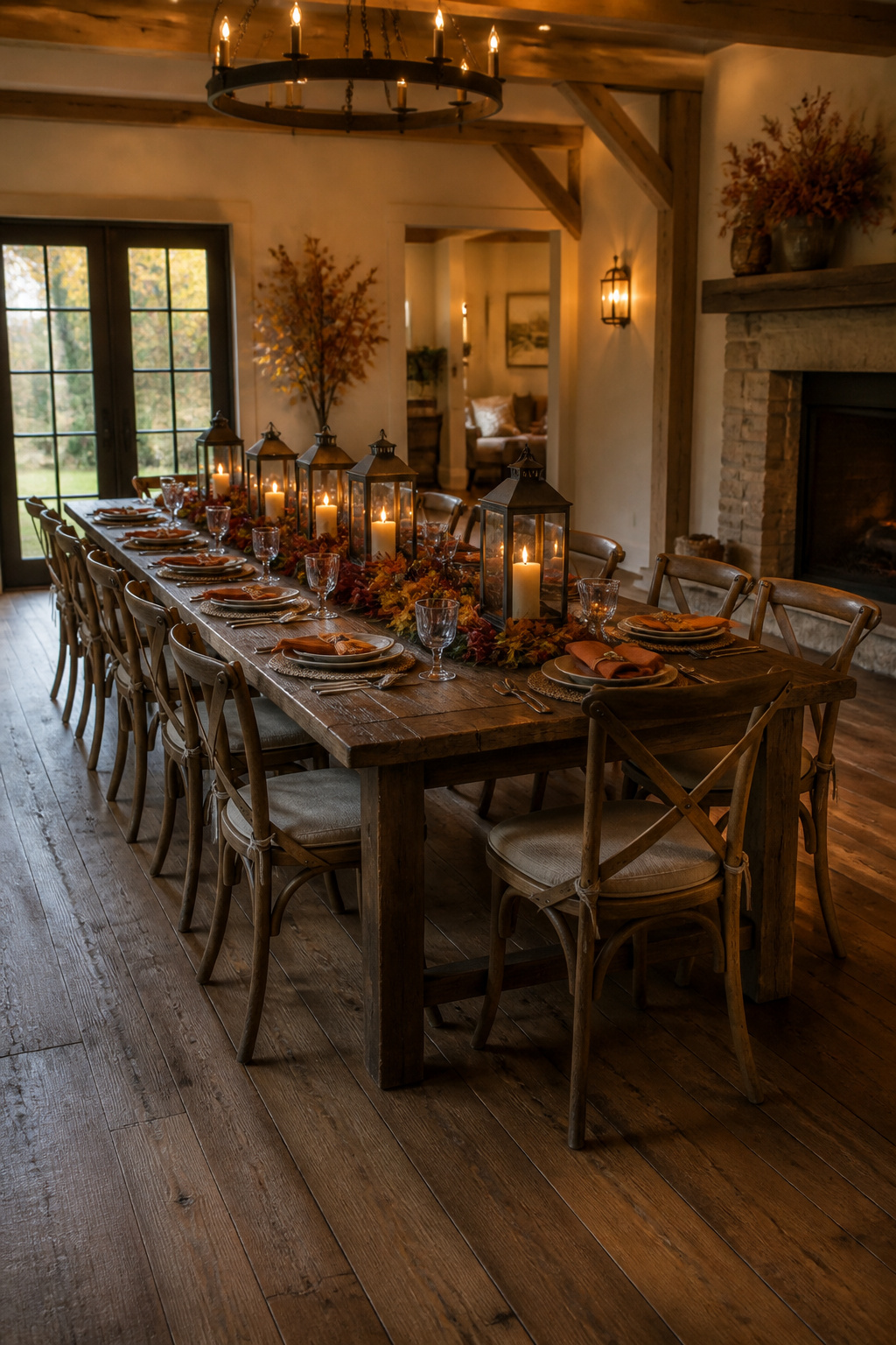 DIY Fall Lantern Decor Ideas for Indoors and Outdoors 5 A long table set with lanterns and tapers for a dinner setting.