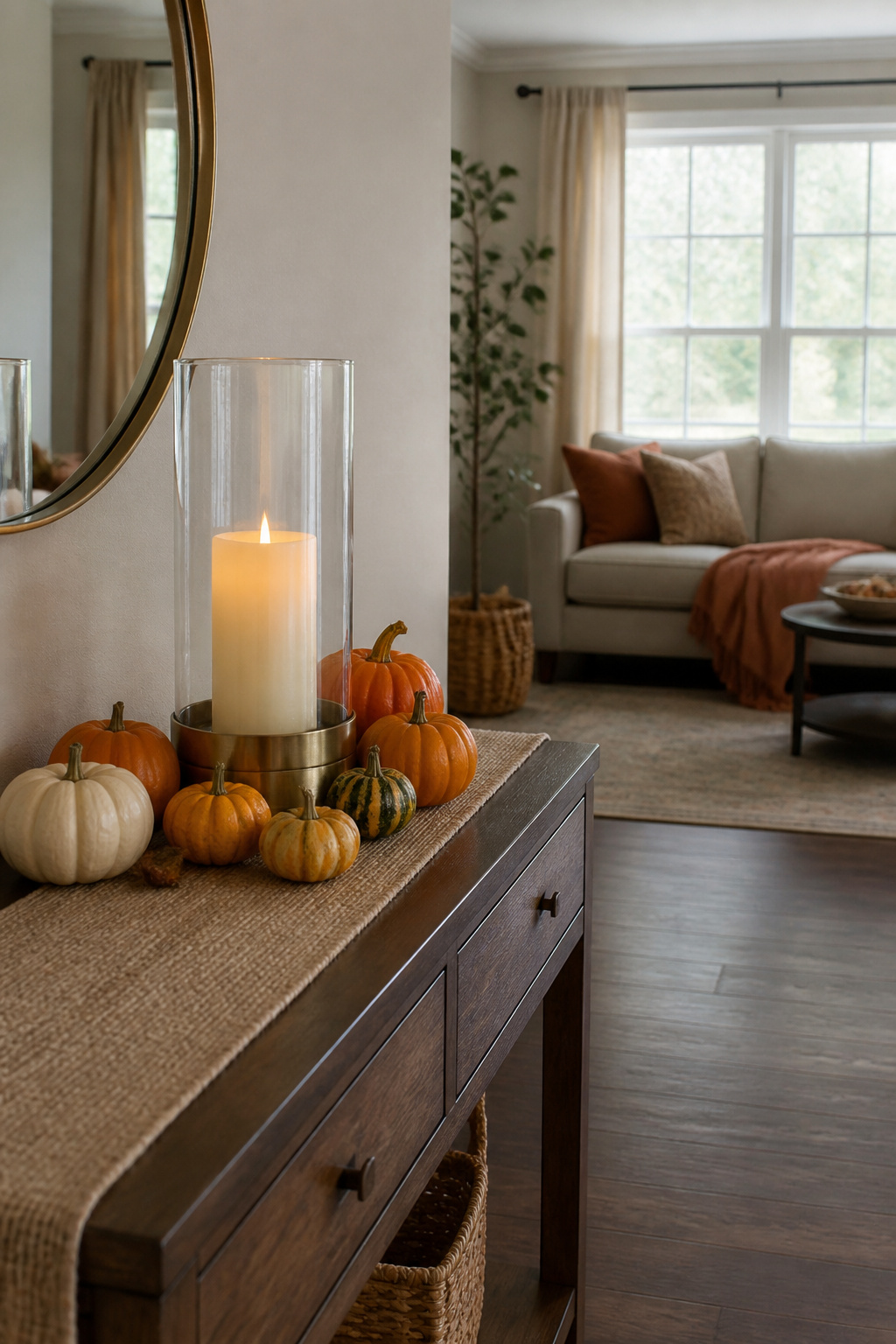 DIY Fall Lantern Decor Ideas for Indoors and Outdoors 6 A glass lantern with an LED candle and mini pumpkins on a console table.