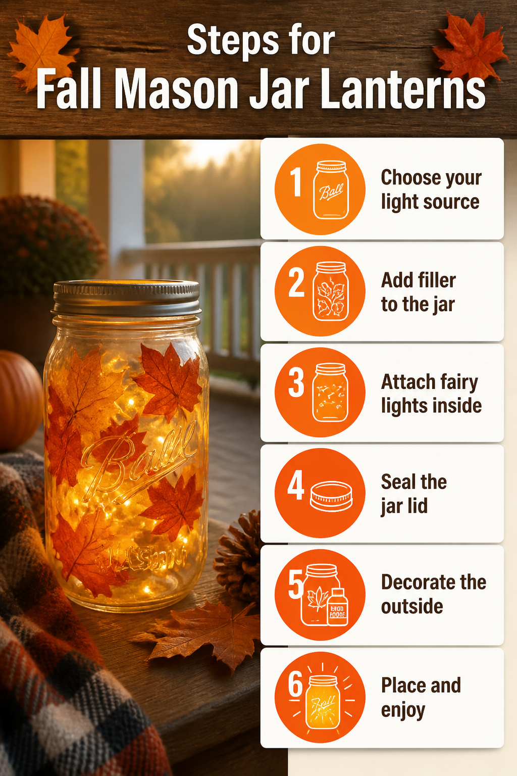 DIY Fall Lantern Decor Ideas for Indoors and Outdoors 8 Mason jars with fairy lights inside for fall decor.