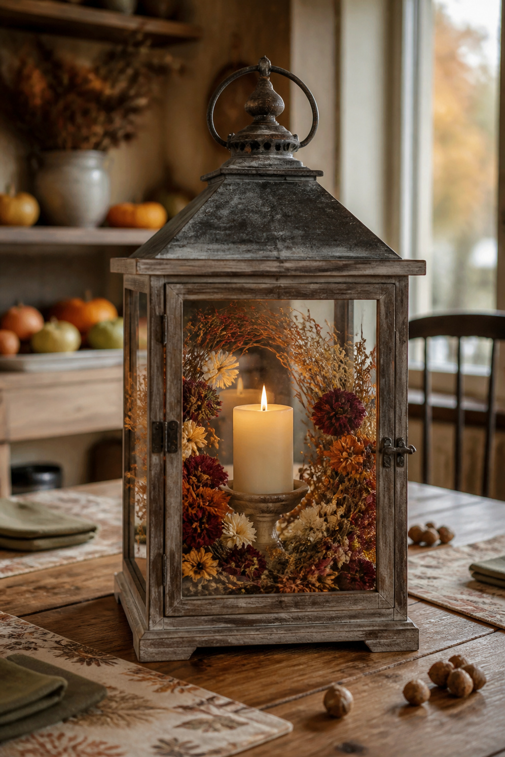 DIY Fall Lantern Decor Ideas for Indoors and Outdoors 9 A lantern filled with dried flowers on a table.
