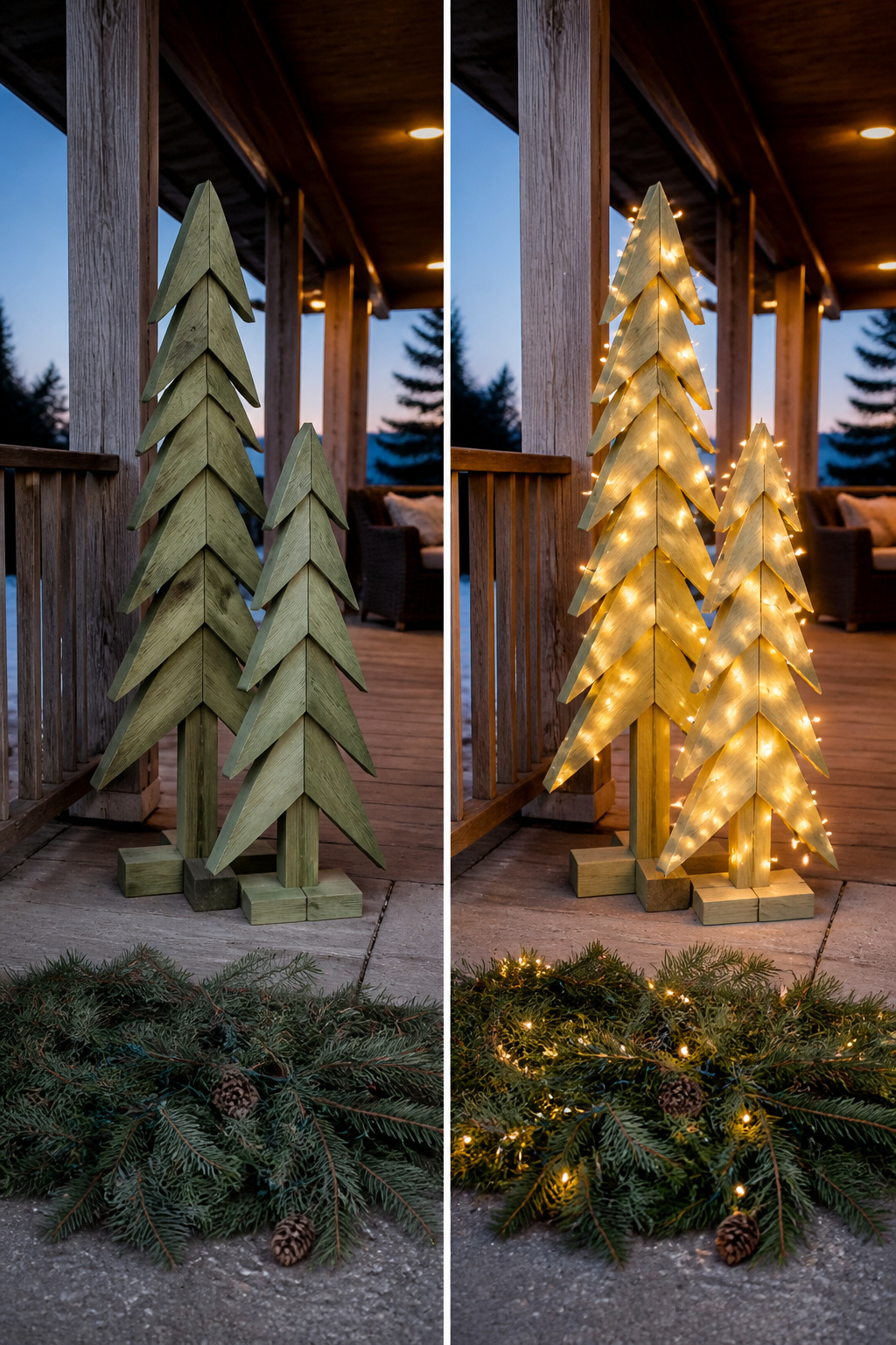 10 DIY Outdoor Christmas Decorations for 2026 3 Lighted Christmas trees constructed from plywood and a tomato cage.