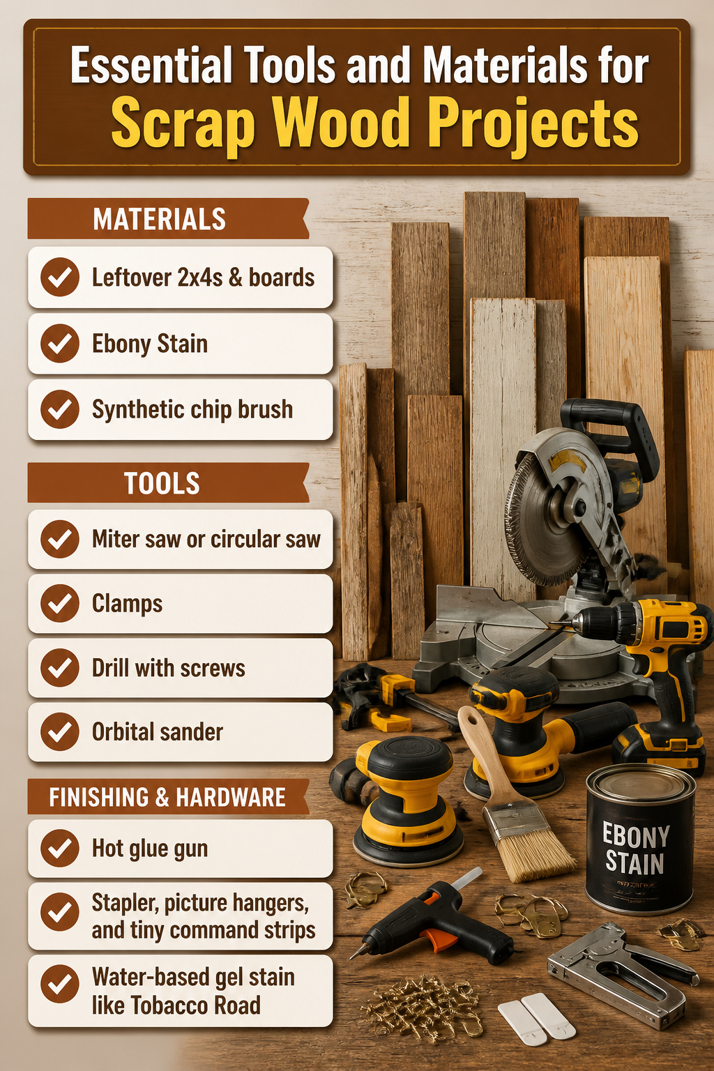 DIY Scrap Wood Christmas Projects for Decor and Gifts 11 Tools and materials arranged for DIY scrap wood projects.
