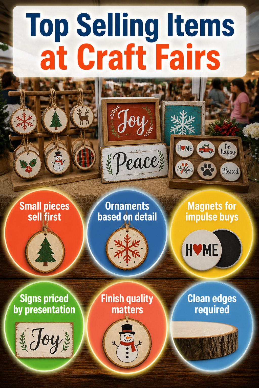 DIY Scrap Wood Christmas Projects for Decor and Gifts 13 Small wooden craft items displayed at a craft fair.