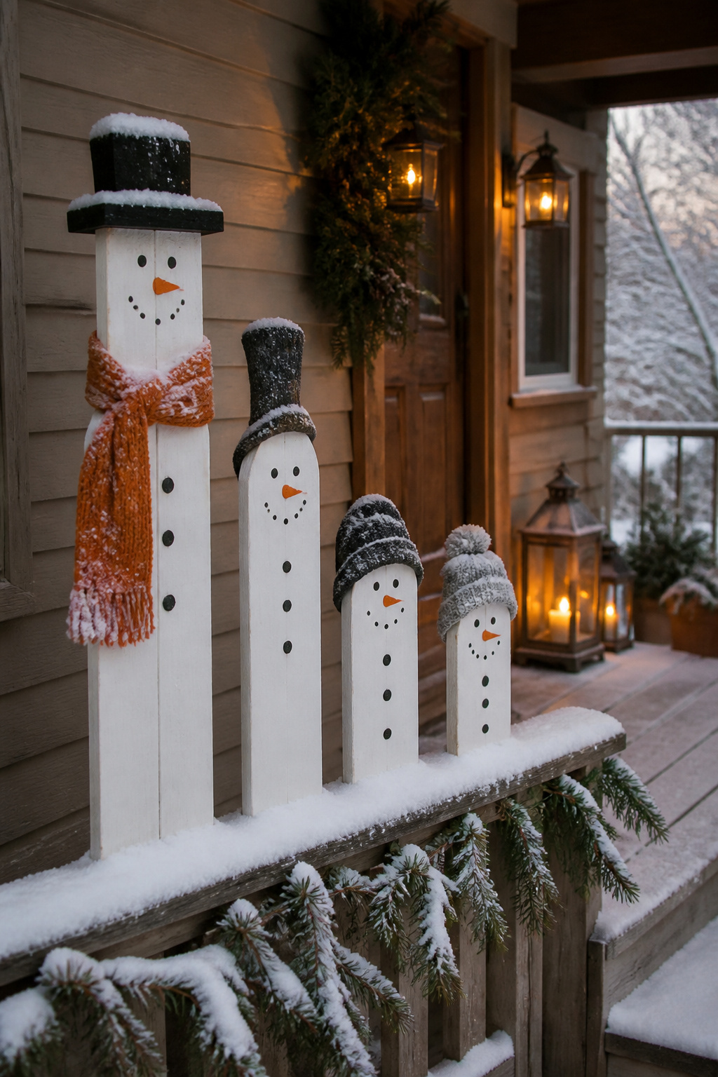 DIY Scrap Wood Christmas Projects for Decor and Gifts 4 Whimsical snowman decorations made from wood planks on a porch.