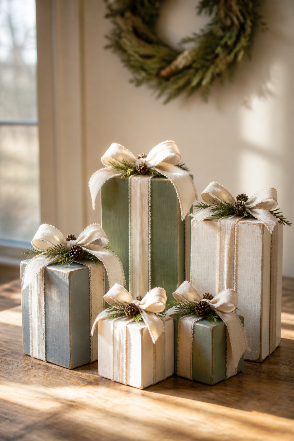 DIY Scrap Wood Christmas Projects for Decor and Gifts 6 Small wooden gift boxes decorated with ribbon.