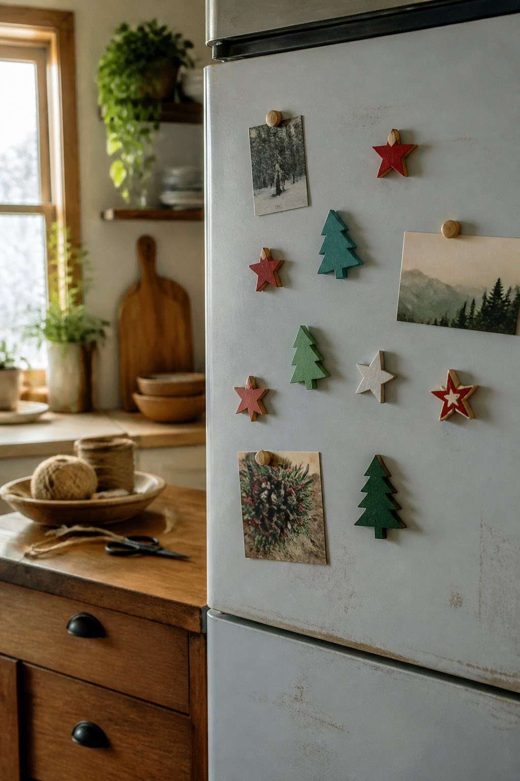 DIY Scrap Wood Christmas Projects for Decor and Gifts 7 Colorful wooden magnets shaped like Christmas trees and stars on a fridge.
