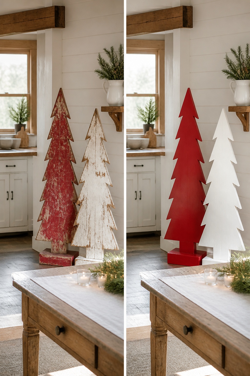 Wooden Christmas trees painted in various bright colors.