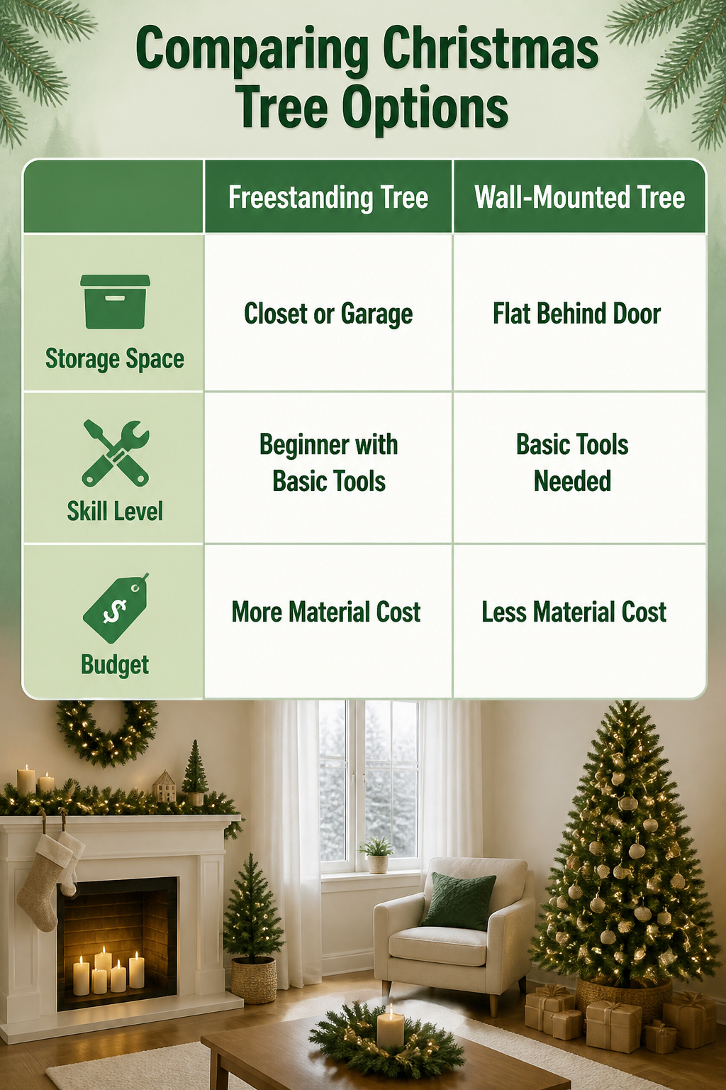 Comparison of different Christmas tree options based on storage and skill.