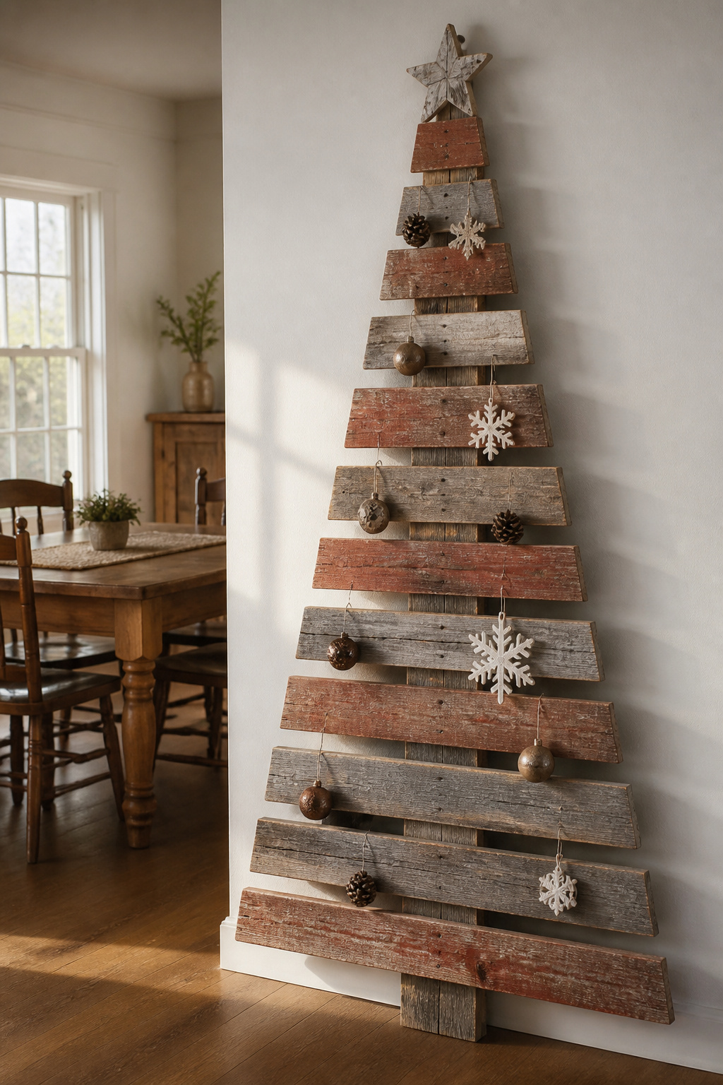 Pallet wood Christmas tree made from reclaimed wood.