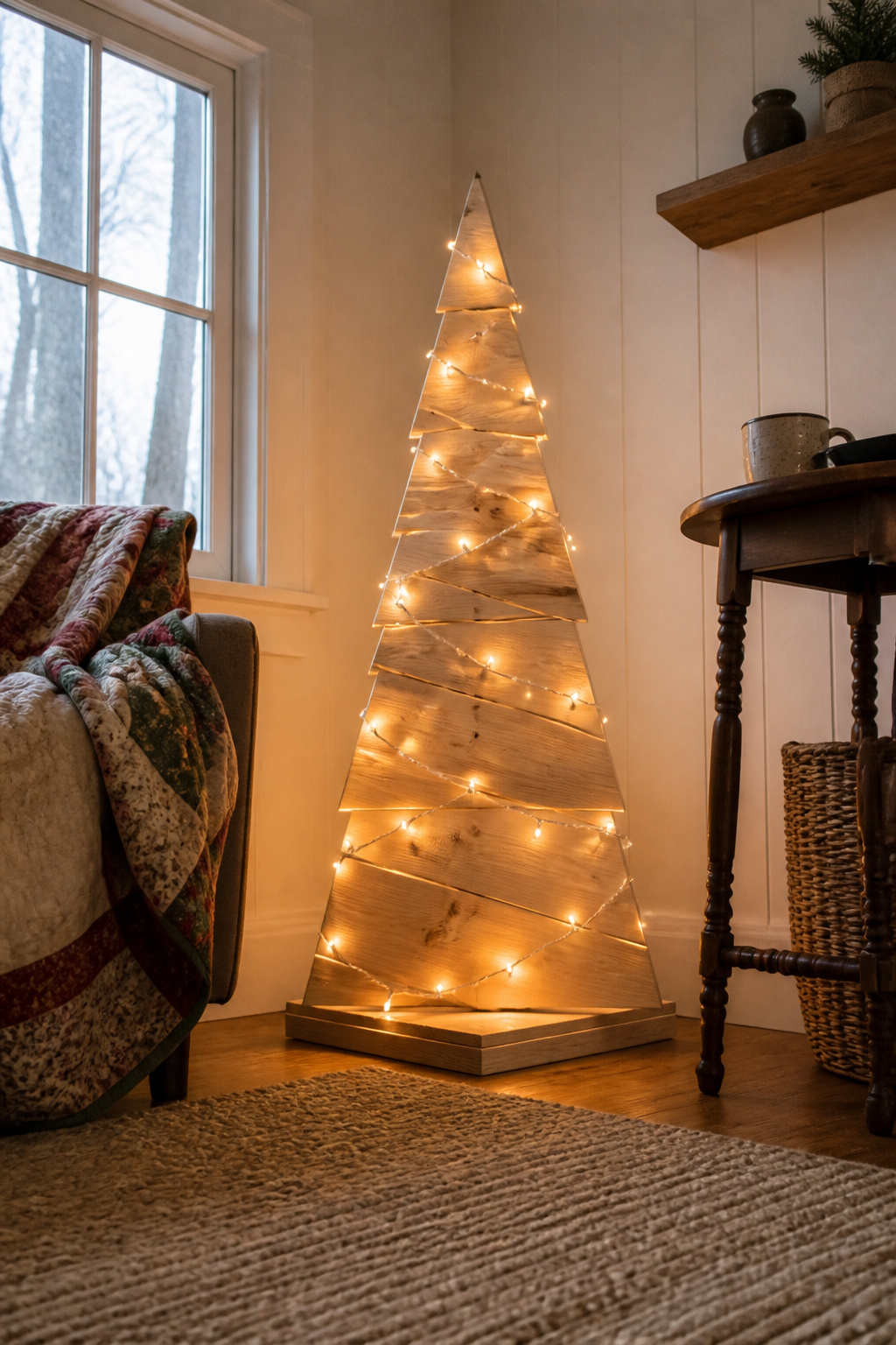 Wooden Christmas tree made from 2x4 boards with miter cuts.